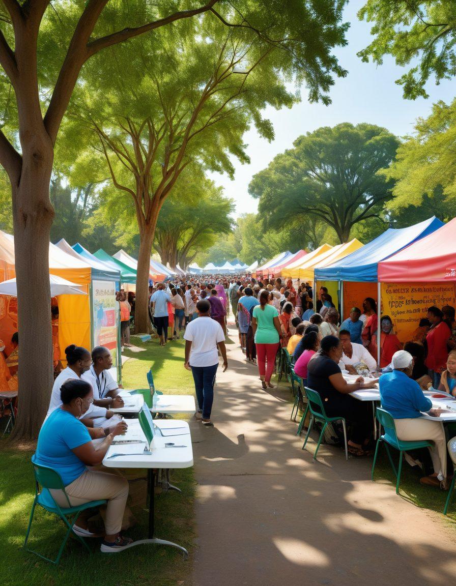An inspiring scene depicting diverse individuals from various communities, joyfully engaging in a community health fair, showcasing cost-effective healthcare services. Include booths with bright banners offering free check-ups, workshops, and health education, surrounded by greenery and a sense of togetherness. A warm and inviting atmosphere with smiling faces, emphasizing empowerment and accessibility. vibrant colors. super-realistic.