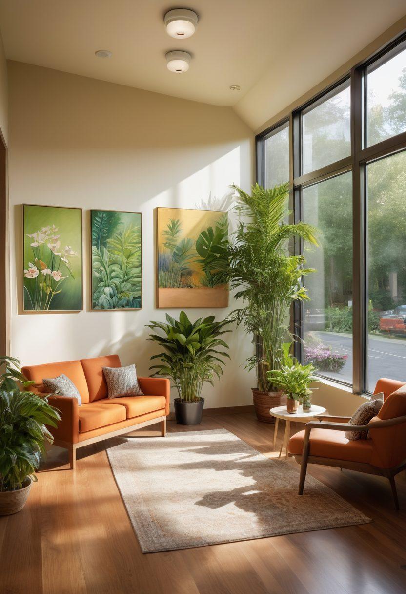 A serene waiting room at an inexpensive clinic featuring a diverse group of patients and healthcare providers engaging in friendly conversation. The room is bright and welcoming, decorated with plants and colorful artwork, symbolizing quality care without high costs. Include informational brochures about affordable healthcare options on a coffee table. Soft natural light filtering through large windows, creating a warm atmosphere. super-realistic. vibrant colors.